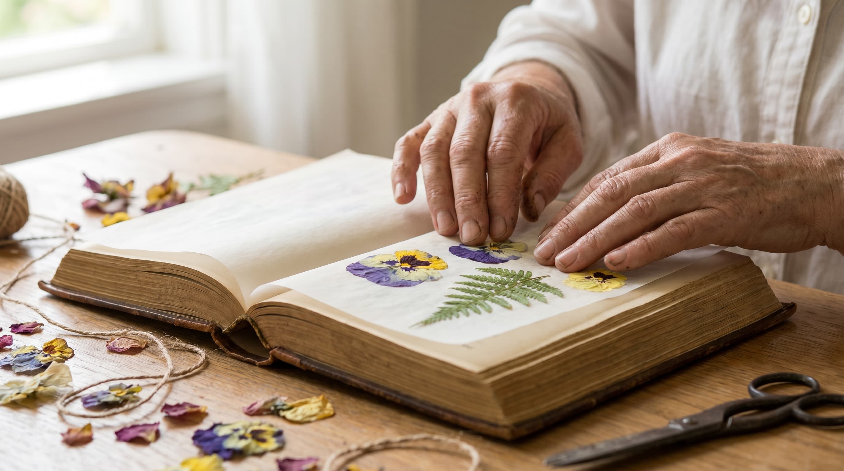 alt text Fresh flowers pressed between parchment paper inside a thick vintage book on a wooden table, with soft natural light and visible delicate petals in a cozy craft setting.