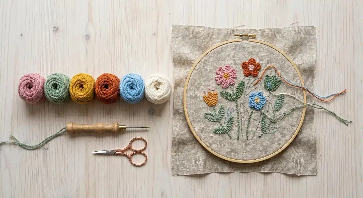Embroidery hoop with colorful floral design and yarn balls on light wooden surface