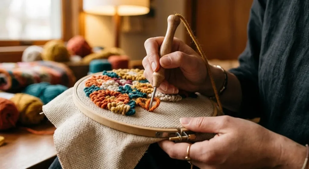 Hands using punch needle for embroidery on fabric in cozy living room setting