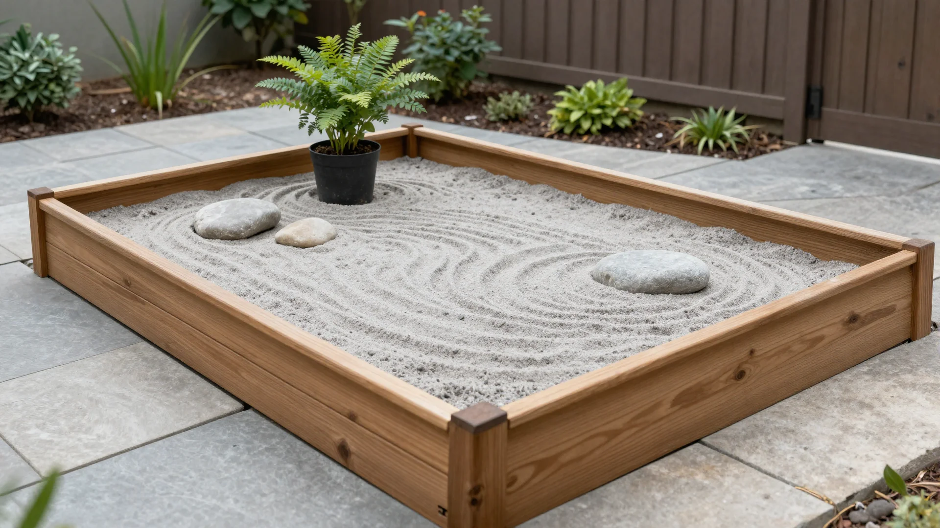 A miniature zen garden contained inside a rectangular raised wooden frame, filled with raked sand, a few smooth stones, and a small potted plant.