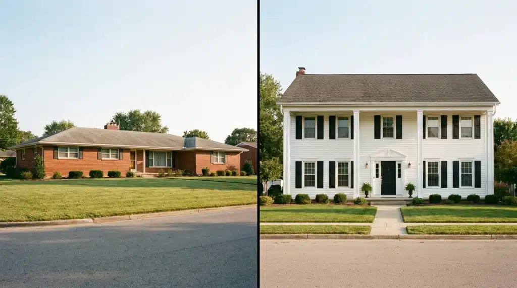 A side-by-side comparison of a single-story brick ranch house (left) and a two-story white colonial house (right).