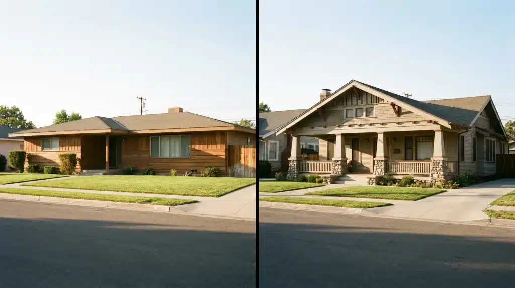 A side-by-side comparison of a single-story ranch house with wood siding (left) and a multi-story Craftsman house (right).