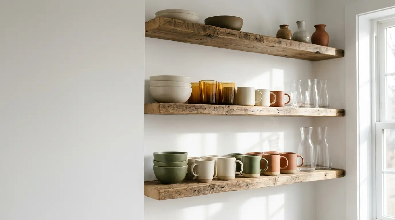 Wooden shelves with ceramic mugs, glasses, and pitchers in a sunlit kitchen corner