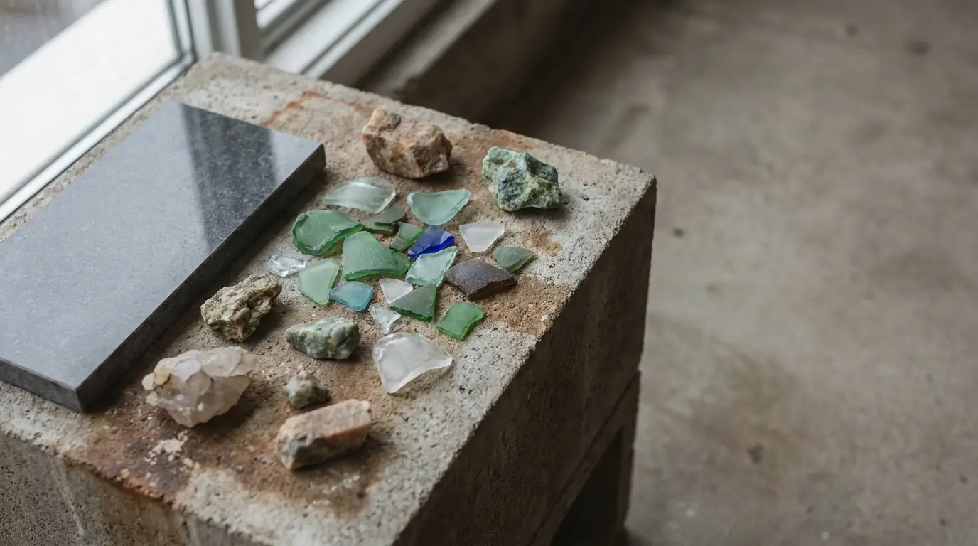 Various colored glass and stones on concrete block near window in natural light