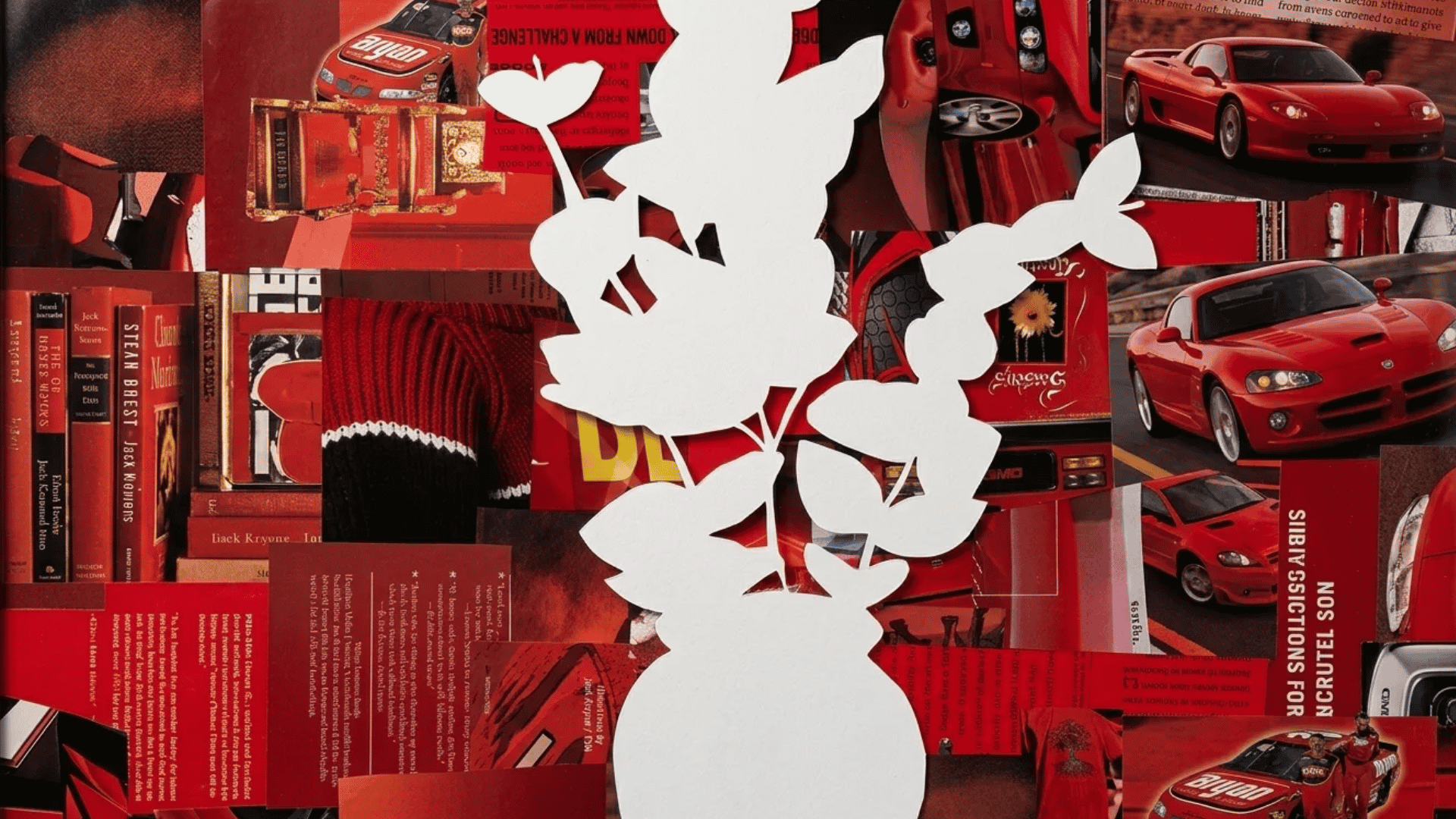 Red aesthetic collage background with sports cars, books, and magazine cutouts behind a white flower silhouette.