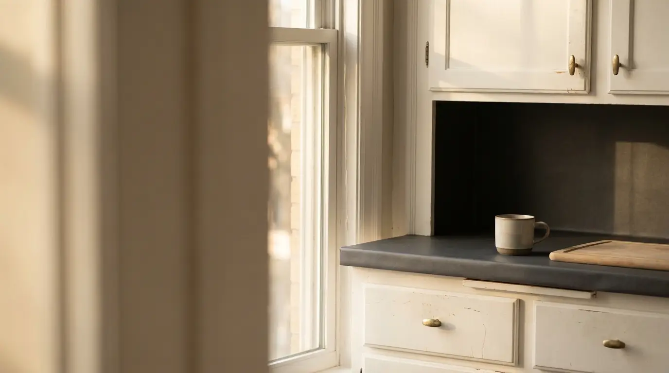 Cozy kitchen corner with ceramic mug and wooden cutting board under warm sunlight