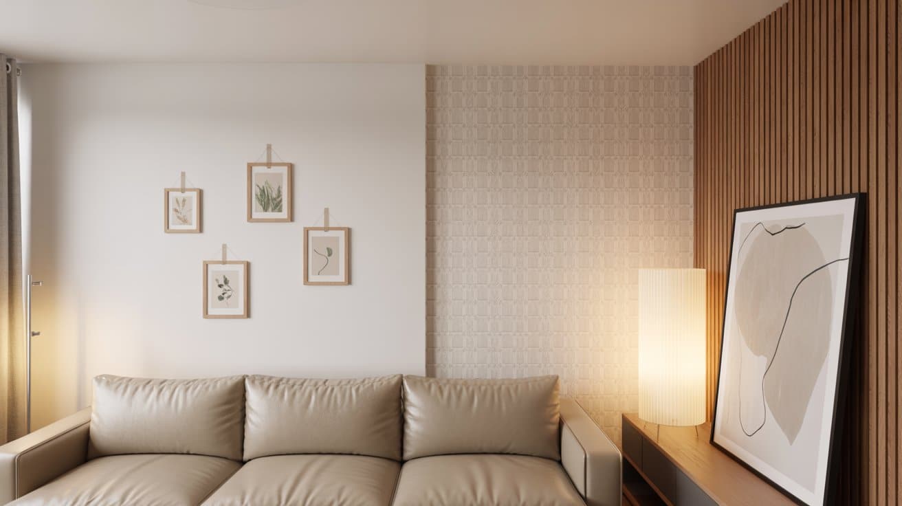 Living room featuring renter-friendly decor with adhesive-framed prints, peel-and-stick wallpaper, leaning artwork, and mounted acoustic panels, creating a stylish, no-drill interior.