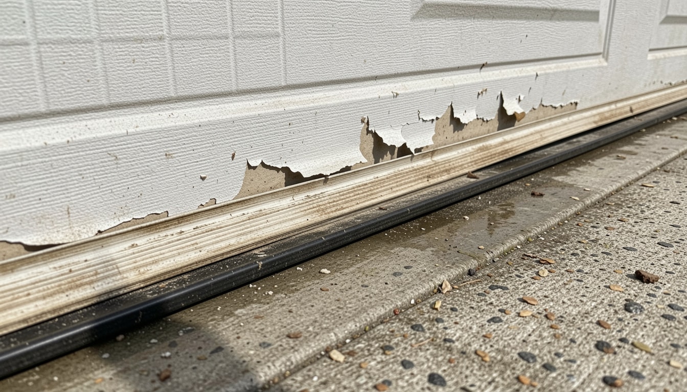 Peeling weather stripping along the bottom of a garage door near the driveway.