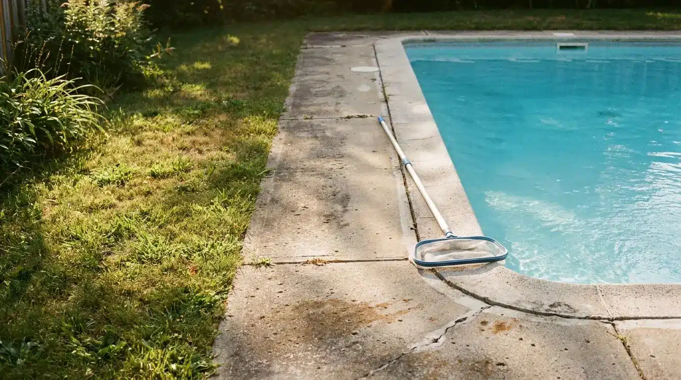 Swimming pool with cleaning net on concrete edge in sunny backyard setting