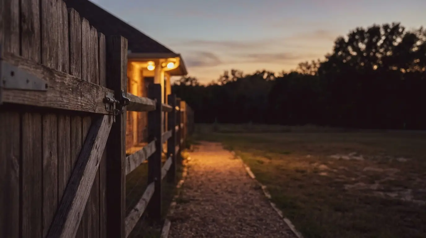 Wooden fence and gravel path leading to house with warm lights at dusk.