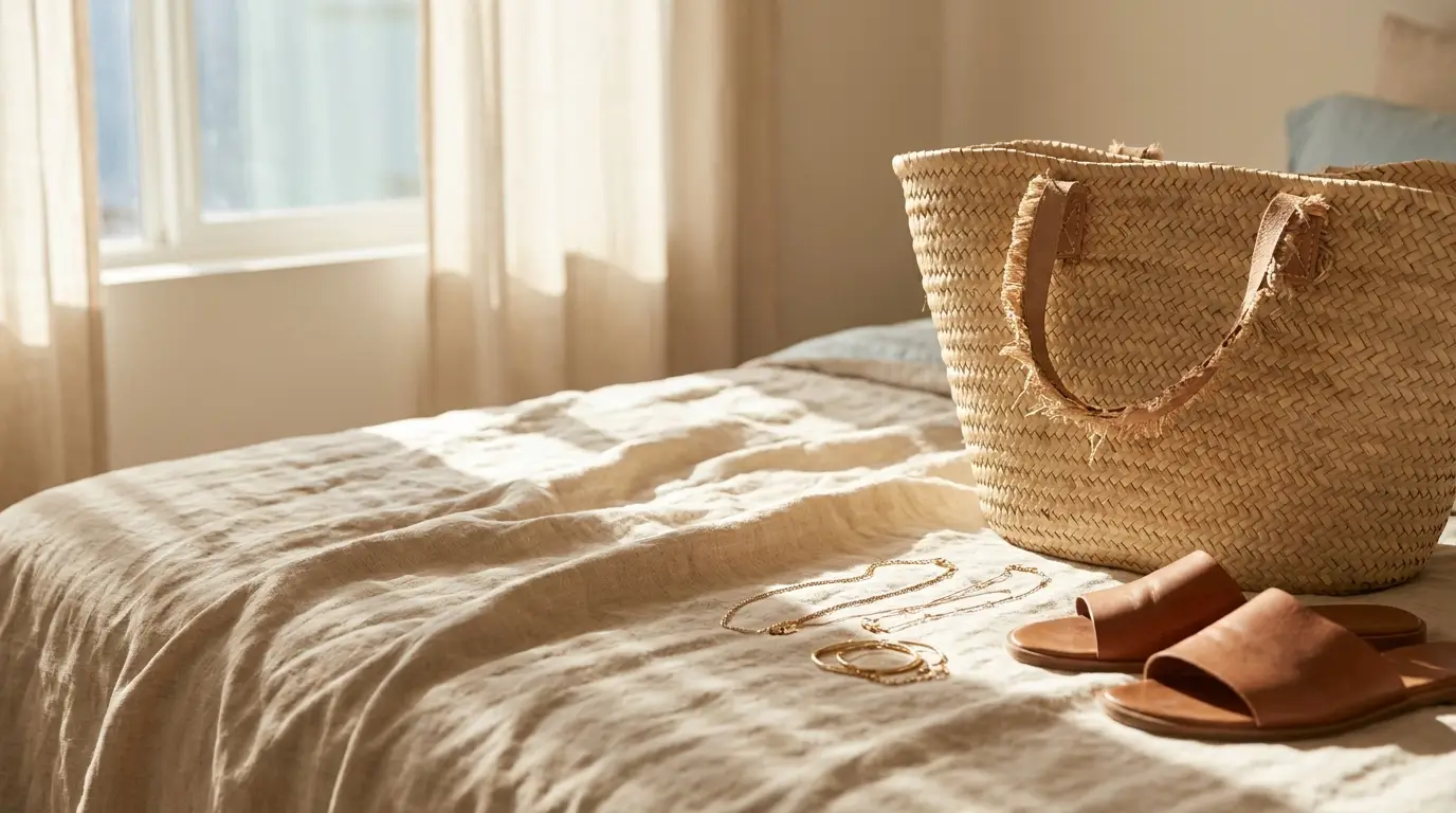 Woven straw bag and sandals on sunlit bed with light beige linens