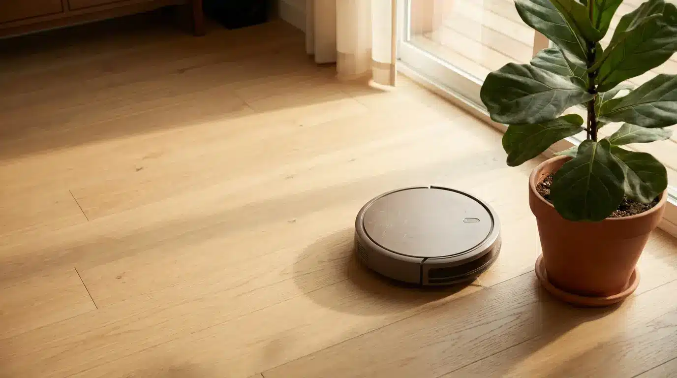 Robotic vacuum on wooden floor near a potted plant in sunny living room