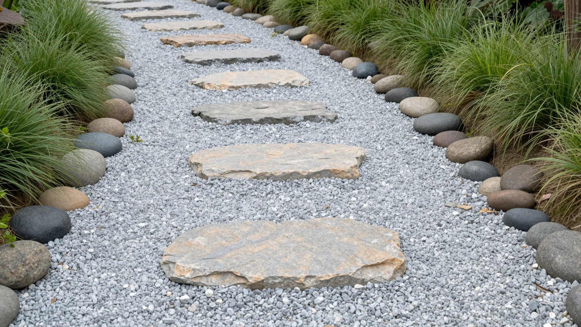 A winding gravel garden path lined with large flat stepping stones, bordered by smooth dark river rocks and green ornamental grass.
