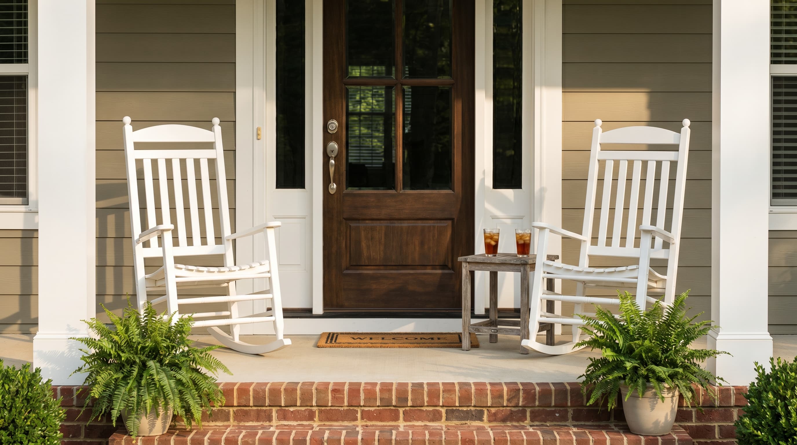 Front porch seating ideas with two white wooden rocking chairs, a small side table, and potted ferns on either side.