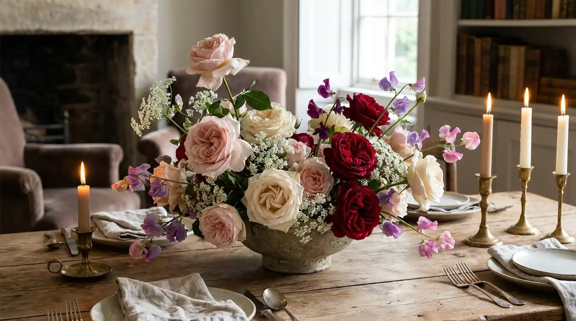 Romantic rose centerpiece with blush and red roses styled on a candlelit dining table.