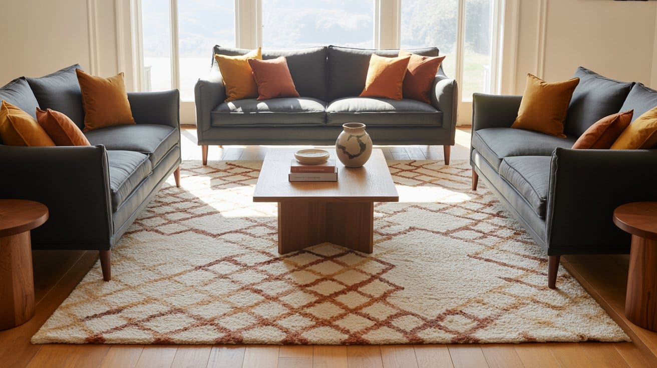 Living room with a properly sized rug under a sofa and chairs, all front legs on the rug, creating a cohesive and visually balanced seating area.