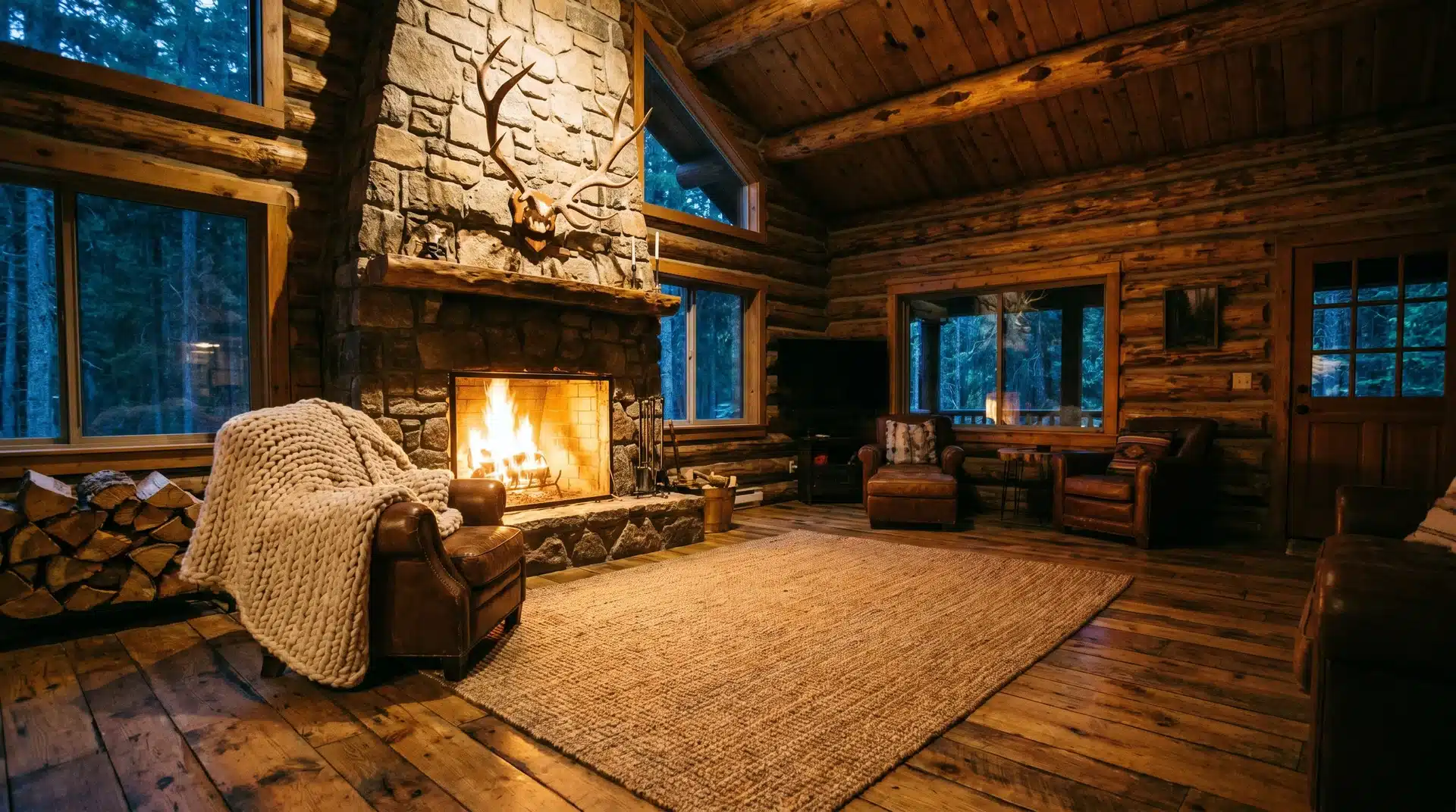 Rustic cabin interior showcasing a roaring fireplace built into a stone wall, wooden ceilings, and warm lighting.