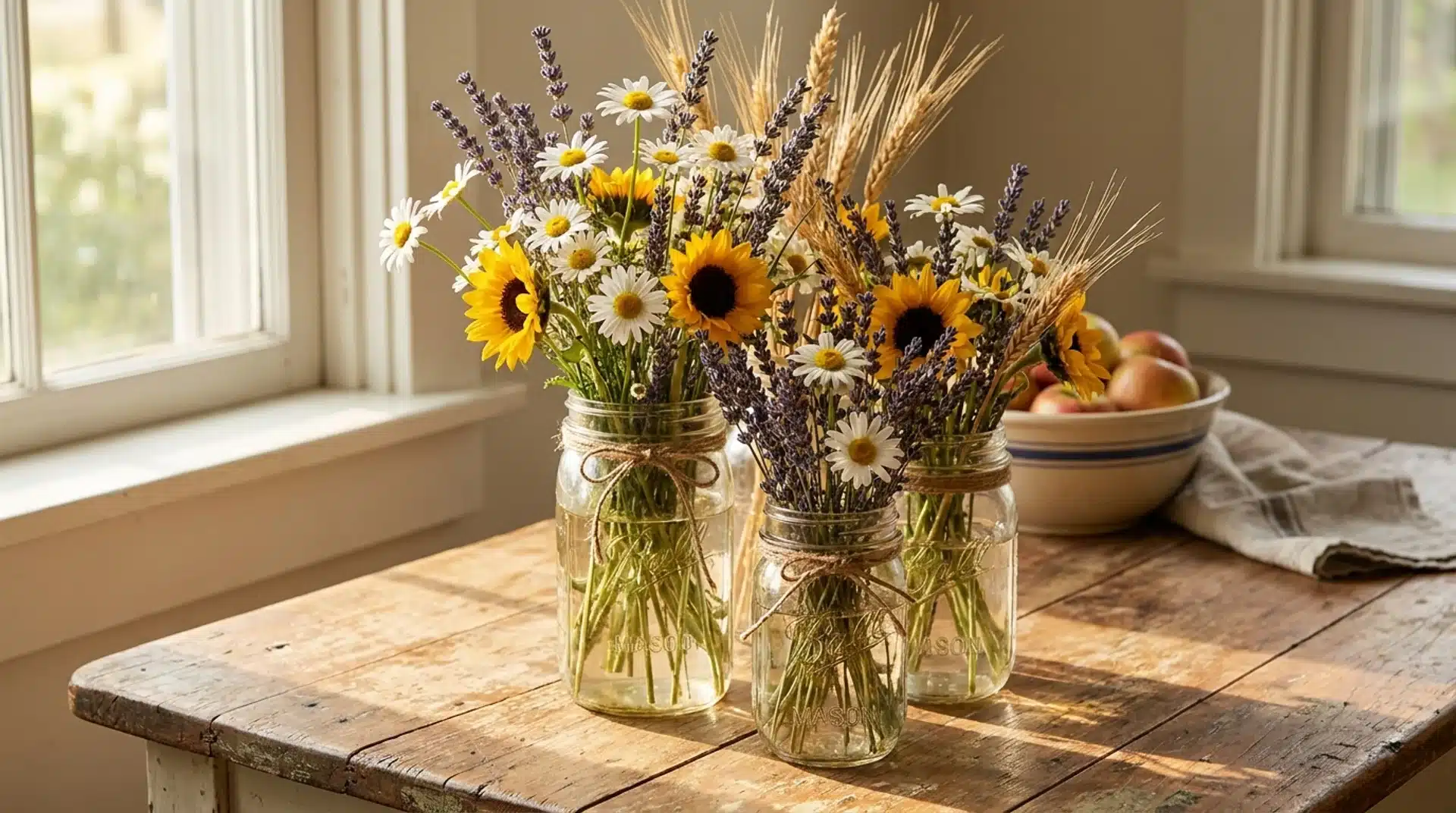 Rustic mason jar flower arrangement with daisies, sunflowers, lavender, and wheat stalks.