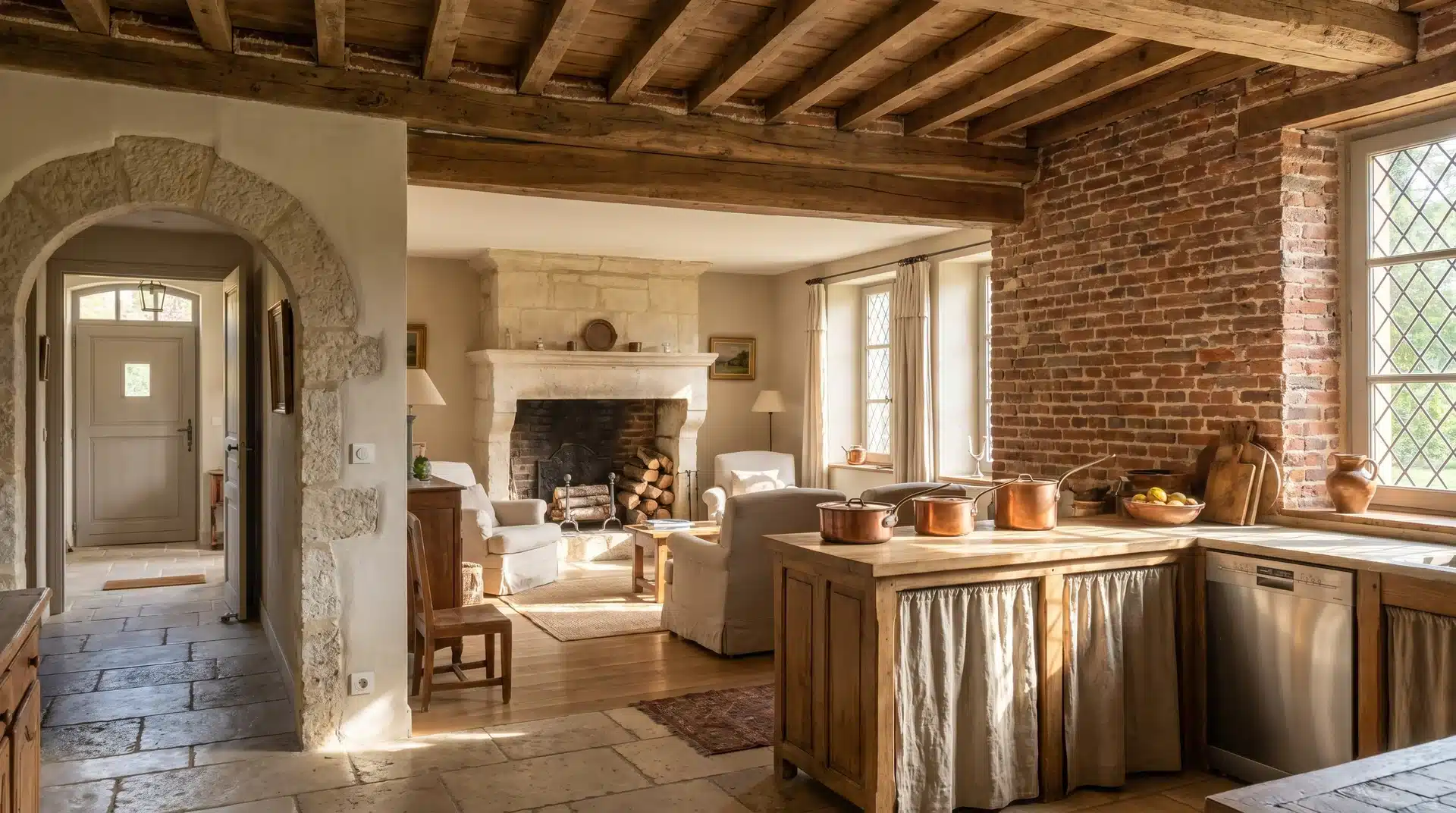 French country living room and kitchen with exposed brick, stone arch, and rustic wooden beams.