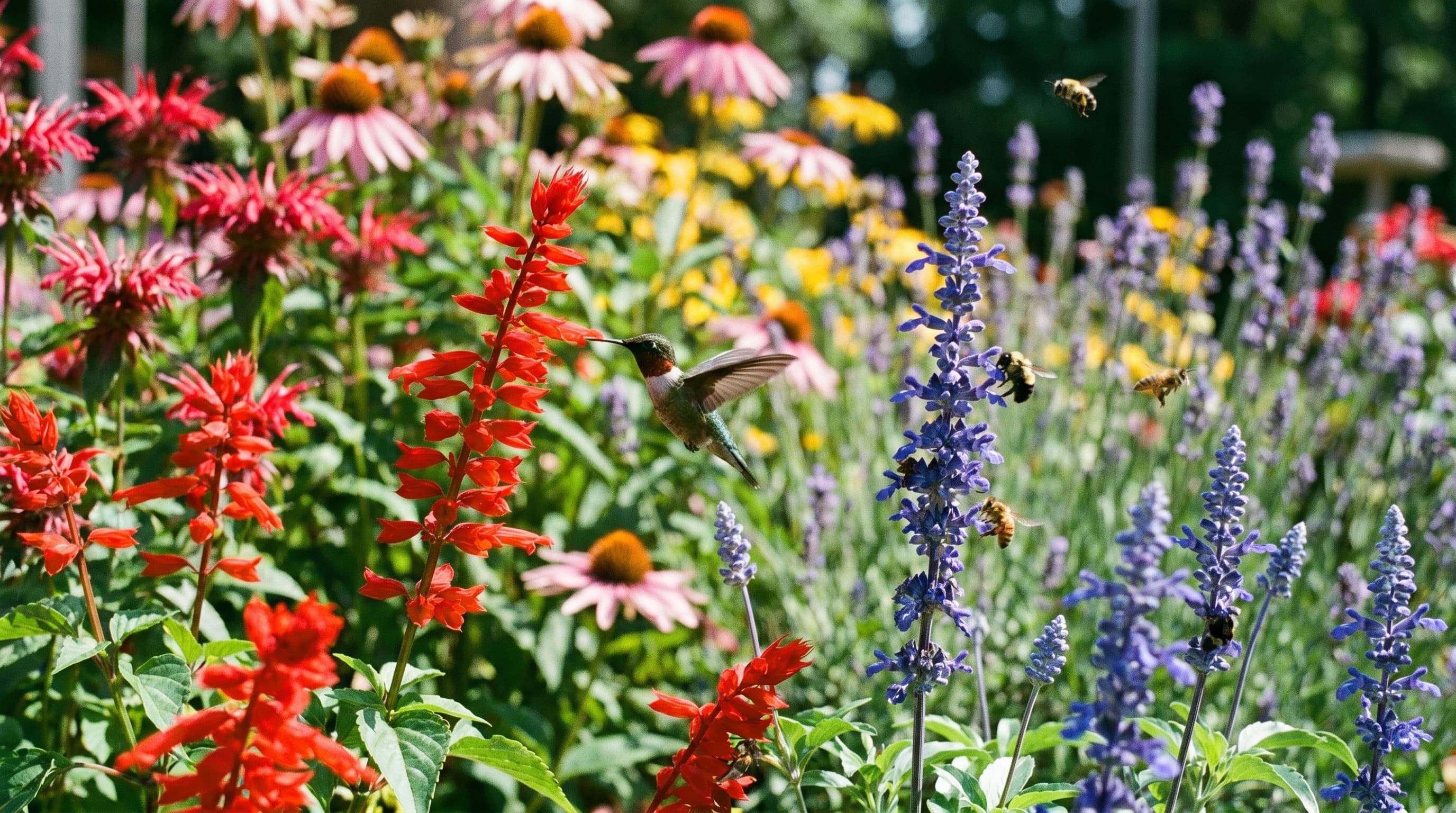 Red salvia and purple flowers attracting hummingbirds and bees in a pollinator garden.