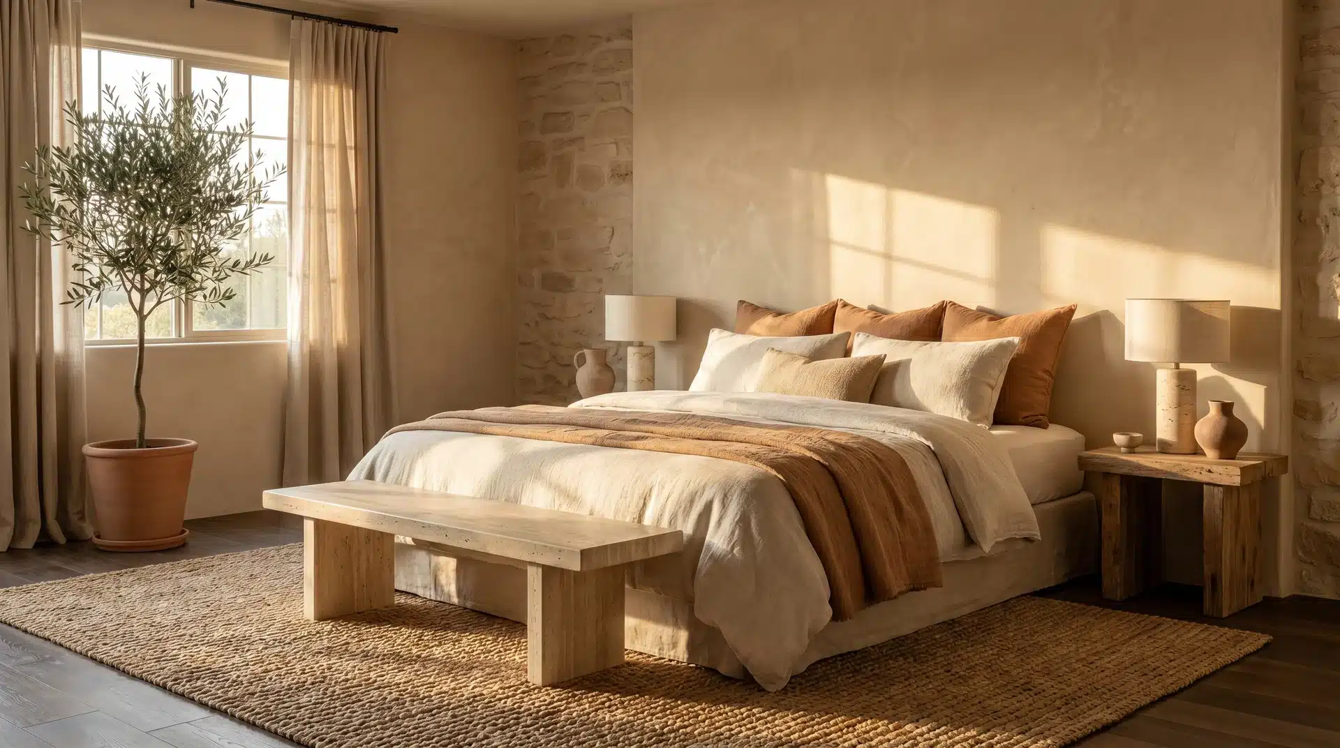 Earthy bedroom with sand-colored walls, a wooden bed with beige and brown bedding, and an olive tree in a pot.