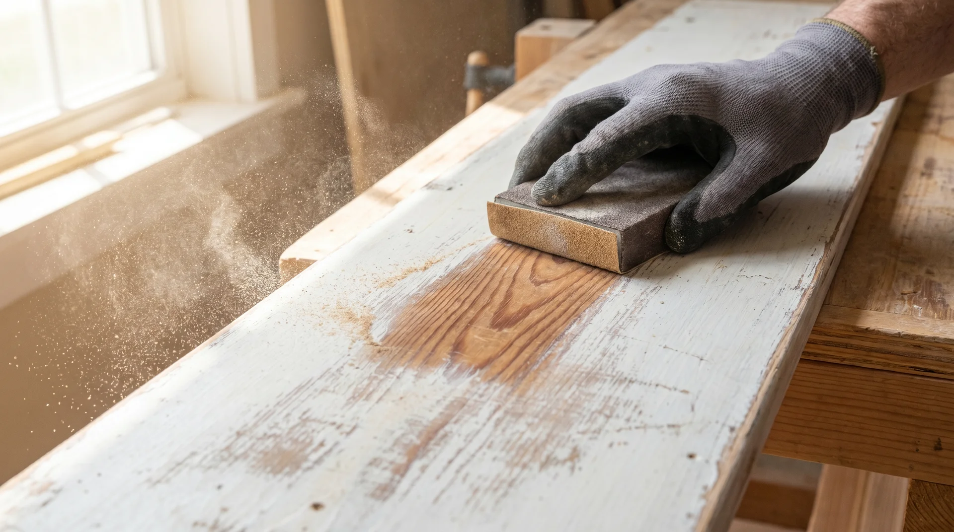Close-up of a person wearing a grey protective glove sanding a wooden plank with a manual sanding block, creating sawdust.