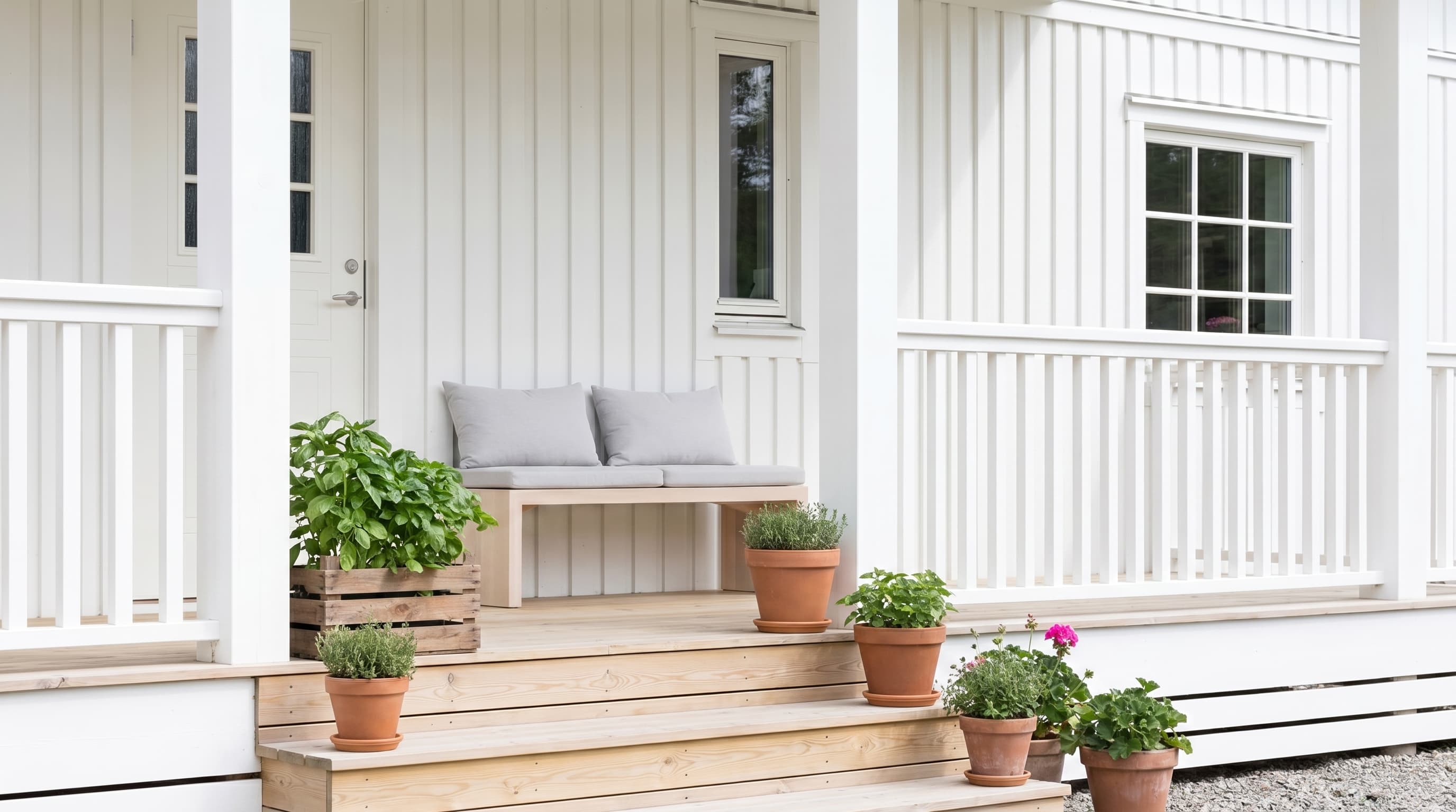 Scandinavian front porch ideas with white walls, simple wooden furniture, minimal planters, and clean architectural lines.