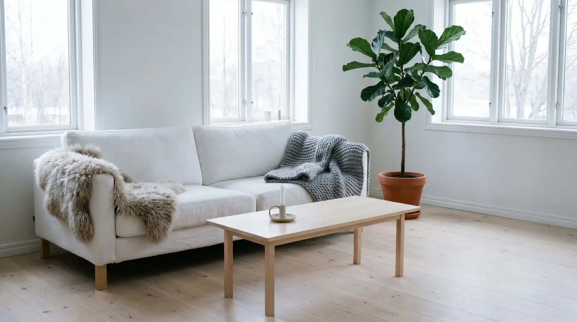 Bright Scandinavian living room with a white sofa, a light wood coffee table, a potted tree, and large windows.