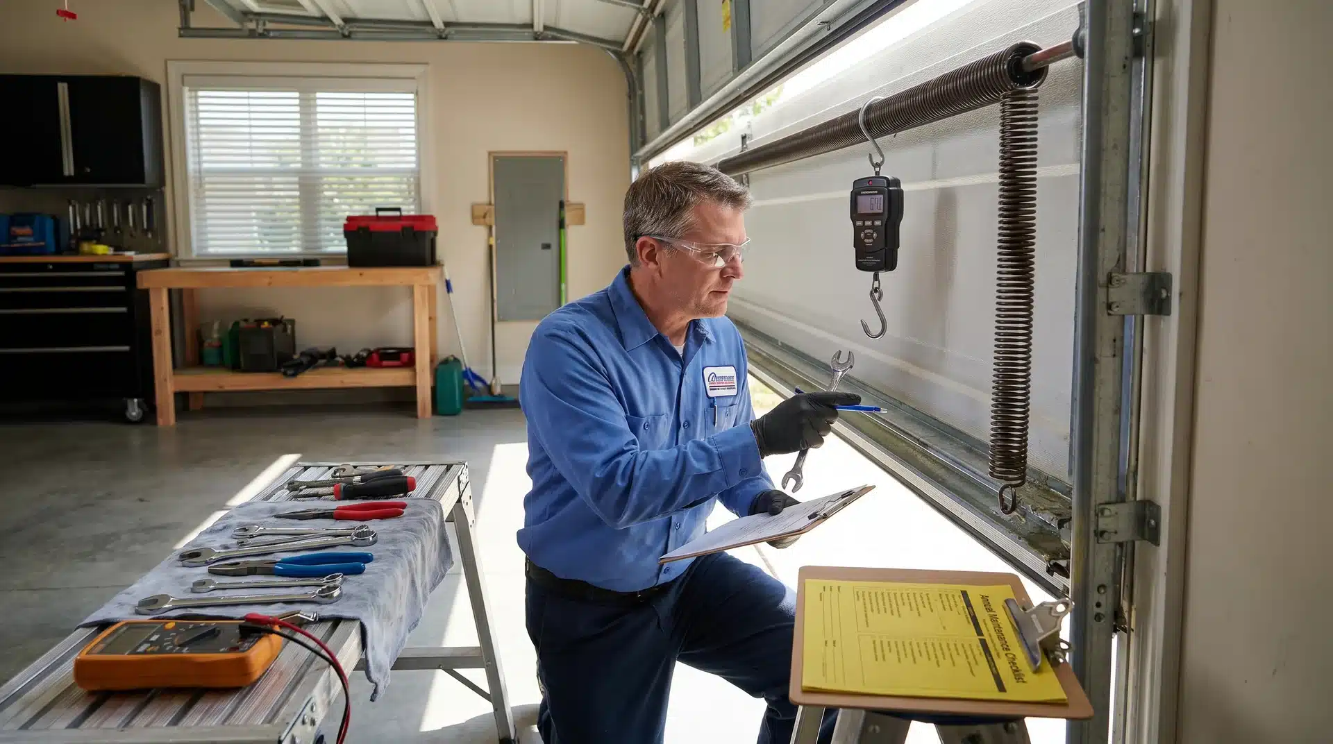 Technician inspecting garage door springs and cables during professional maintenance.