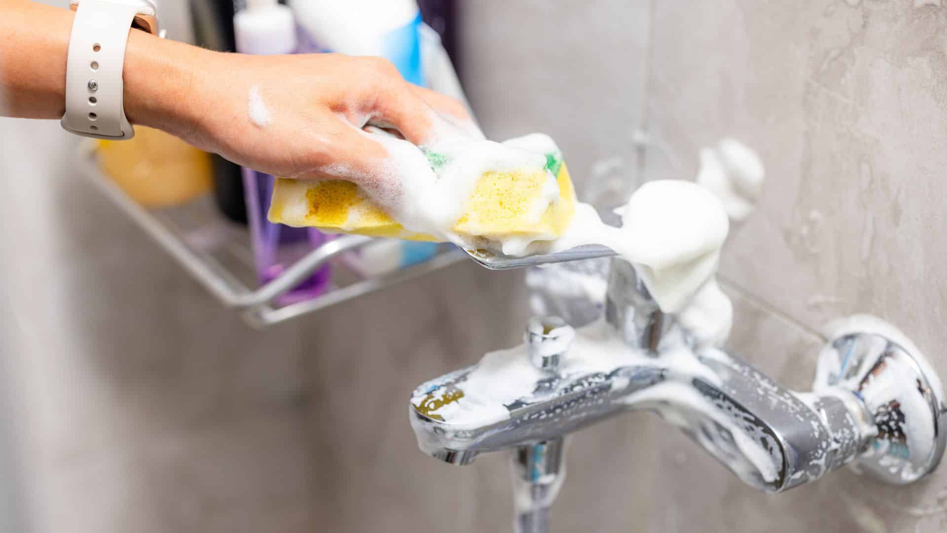Scrubbing bathroom faucet with sponge and cleaner to remove hard water stains and mineral buildup from chrome surface for a shiny finish