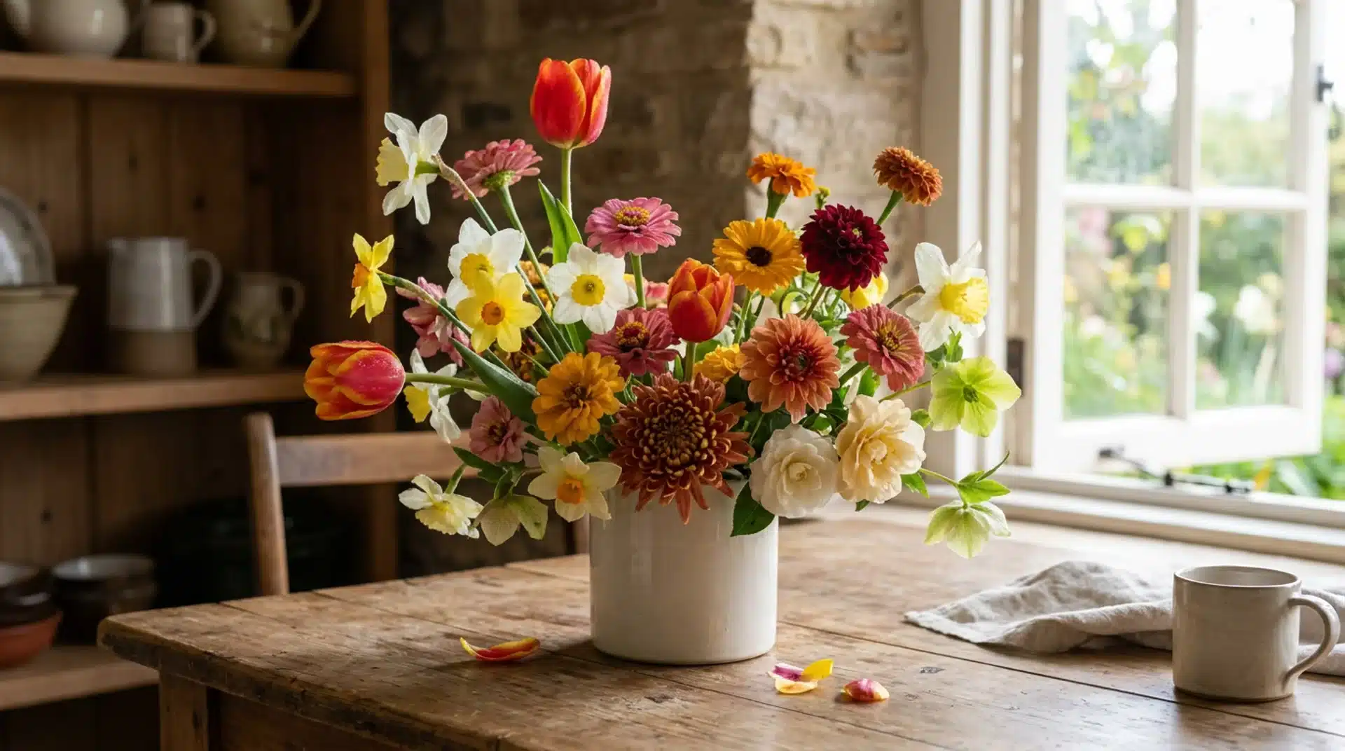 Seasonal garden flower arrangement with tulips, daffodils, and dahlias in a ceramic vase.