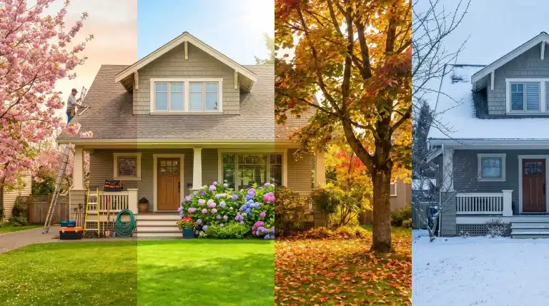House exterior transitioning through four seasons with blooming flowers, green lawn, fallen leaves, and snow