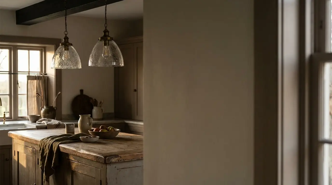 Rustic kitchen with wooden island and hanging glass pendant lights in warm natural light