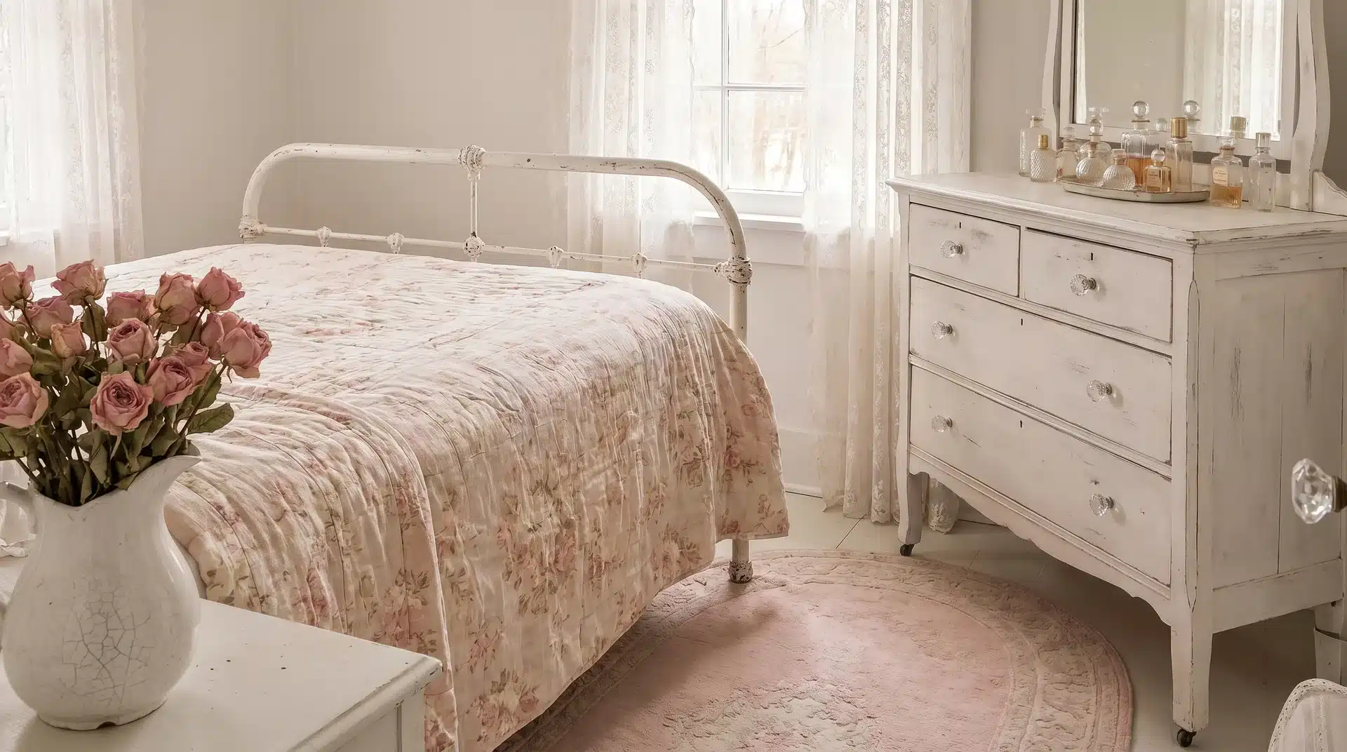 Shabby chic bedroom featuring a distressed white metal bed frame, matching chipped wooden dresser, and pink roses.