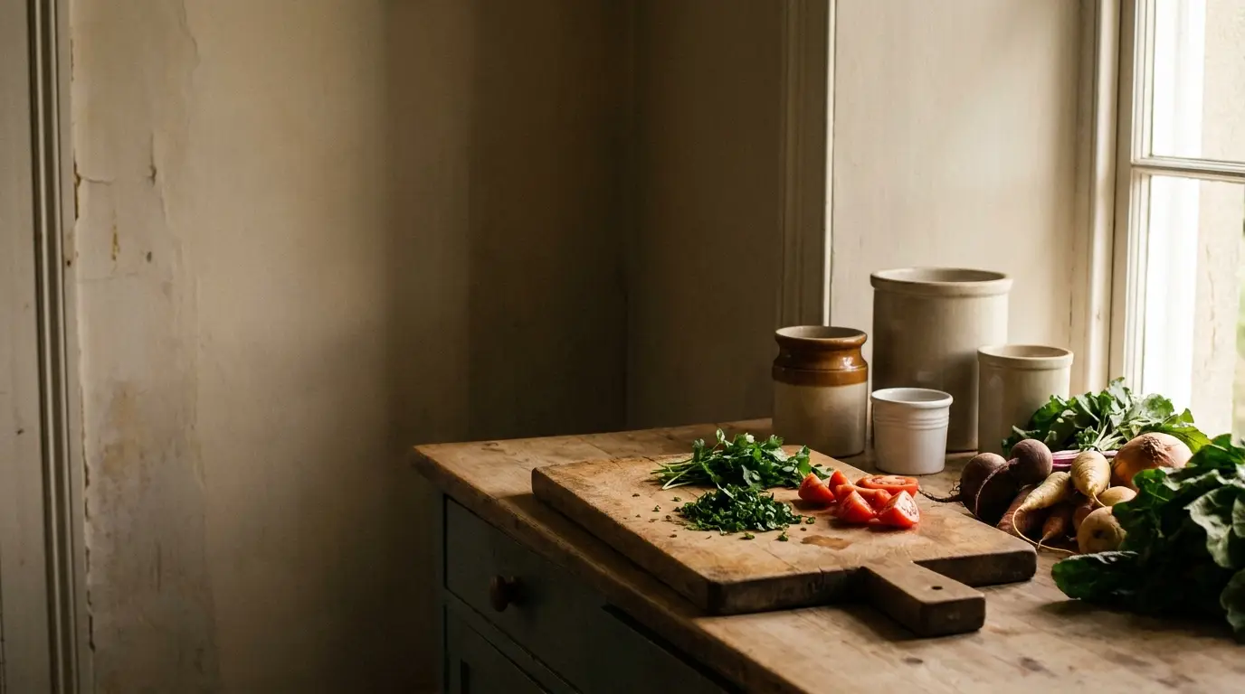 Vegetables and herbs on wooden cutting board in rustic kitchen with natural light