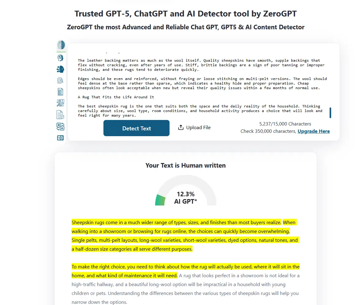AI detection tool interface displaying text analysis and percentage of AI-generated content