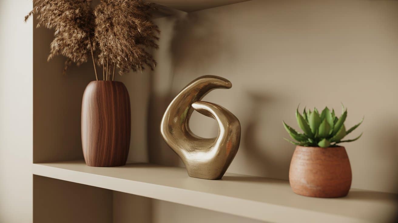 Floating shelf with three objects of varying heights and materials, arranged with negative space for visual balance and a curated, stylish look.