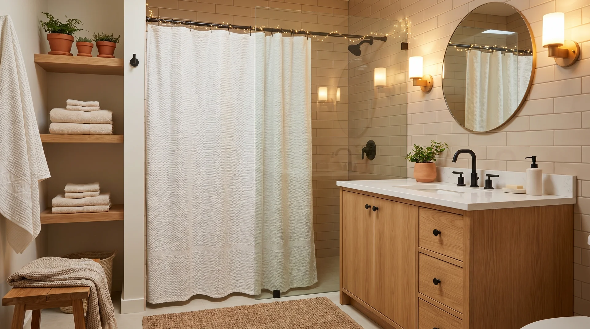 Bathroom with modern shower curtain, glass panel, and wood vanity with black fixtures.