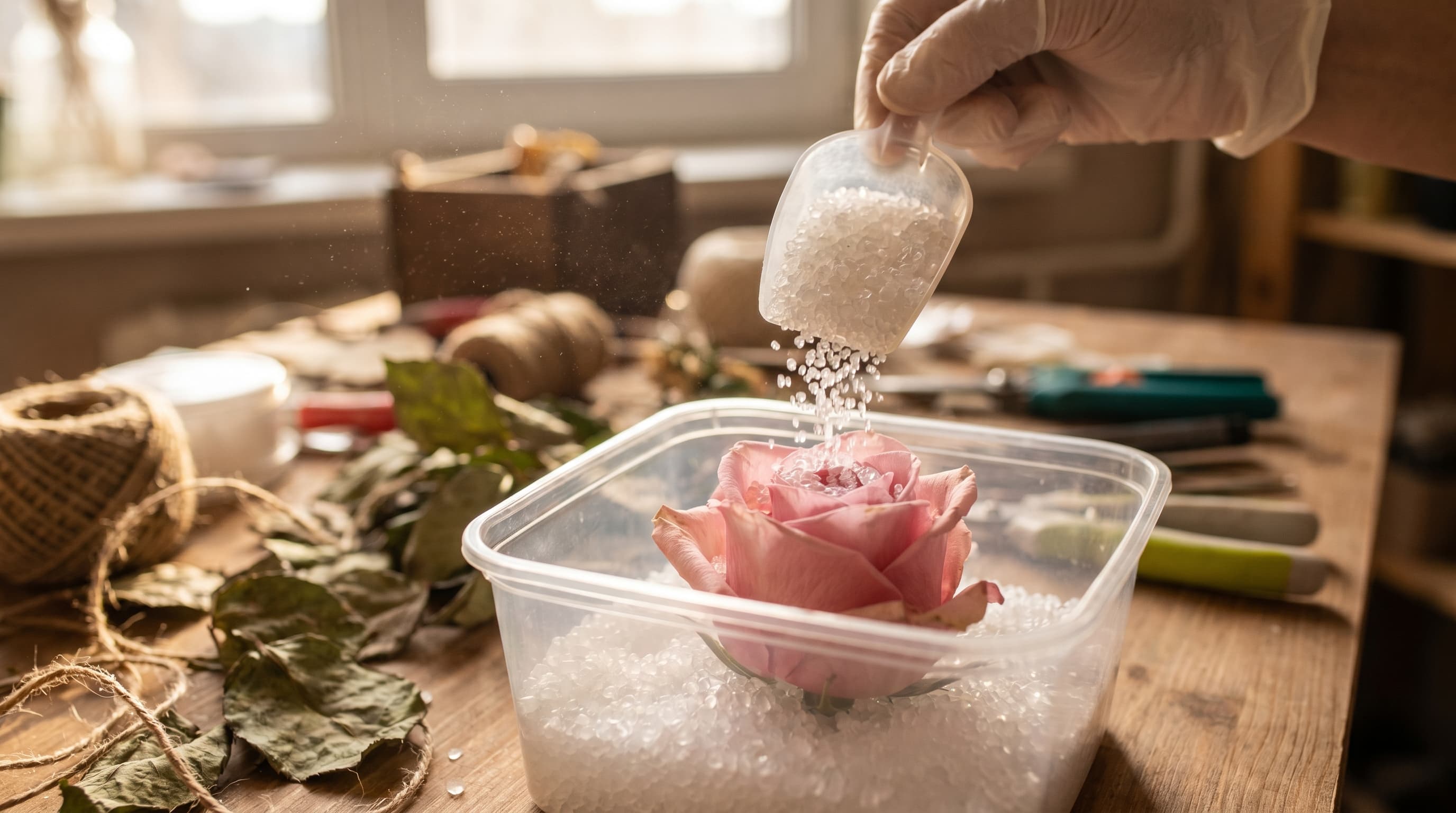 Fresh pink rose being preserved in a clear container filled with silica gel crystals, with a person carefully pouring crystals around the petals on a realistic indoor craft table.