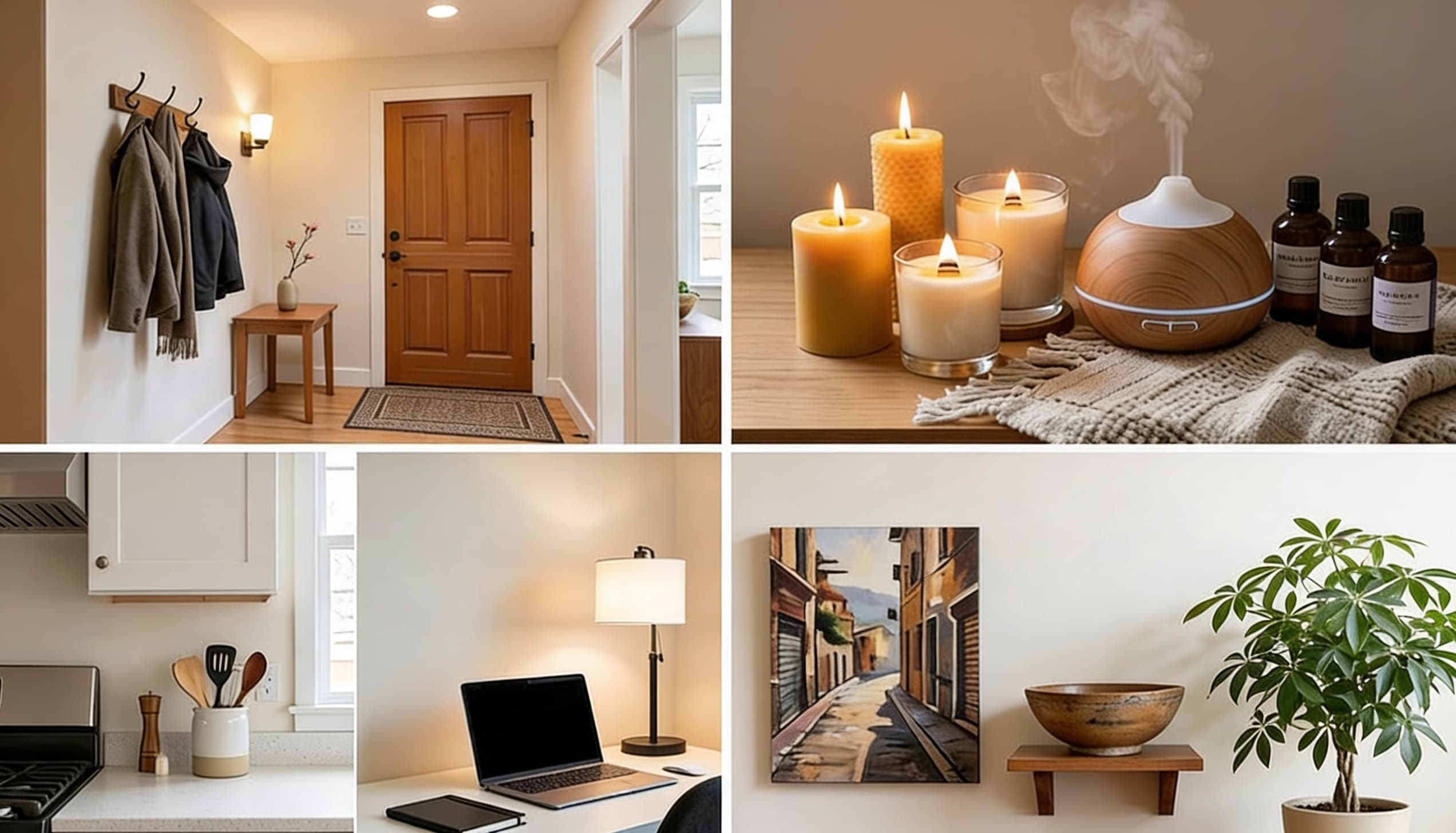 Collage of calming home decor spaces featuring candles, entryway styling, workspace, and indoor plants.