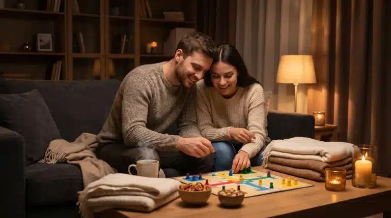 Couple playing board game on coffee table in cozy living room with dim lighting