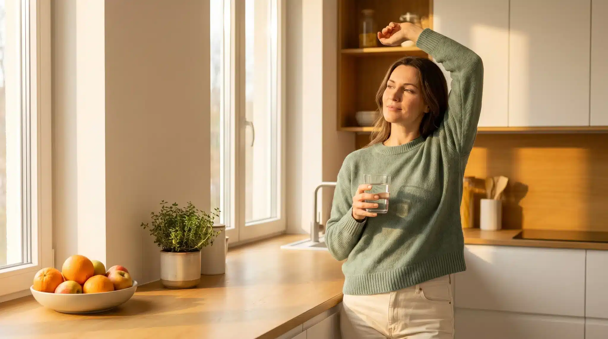 Woman in green sweater holding a glass of water in sunlit kitchen