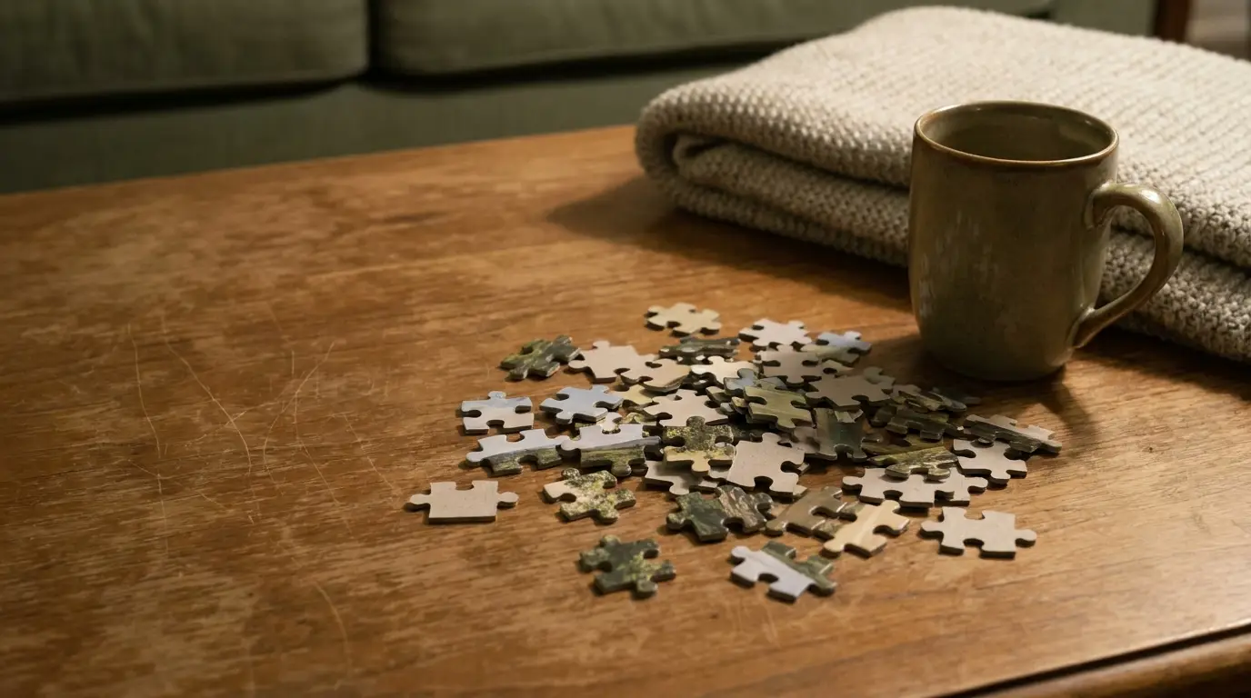 Puzzle pieces scattered on wooden table with ceramic mug and folded blanket nearby