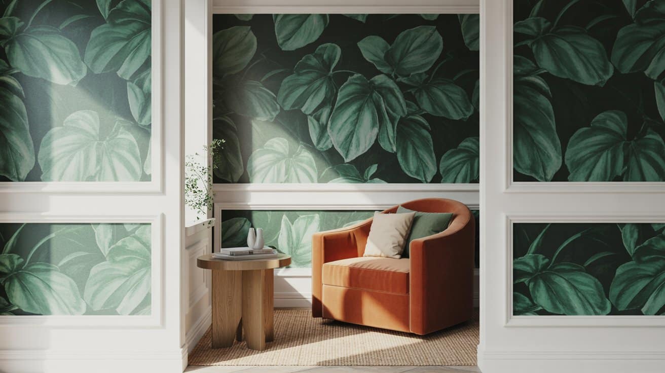 Living room alcove with a single-panel botanical wallpaper between flat trim strips, warm furniture, and natural light creating a stylish, low-commitment focal point.