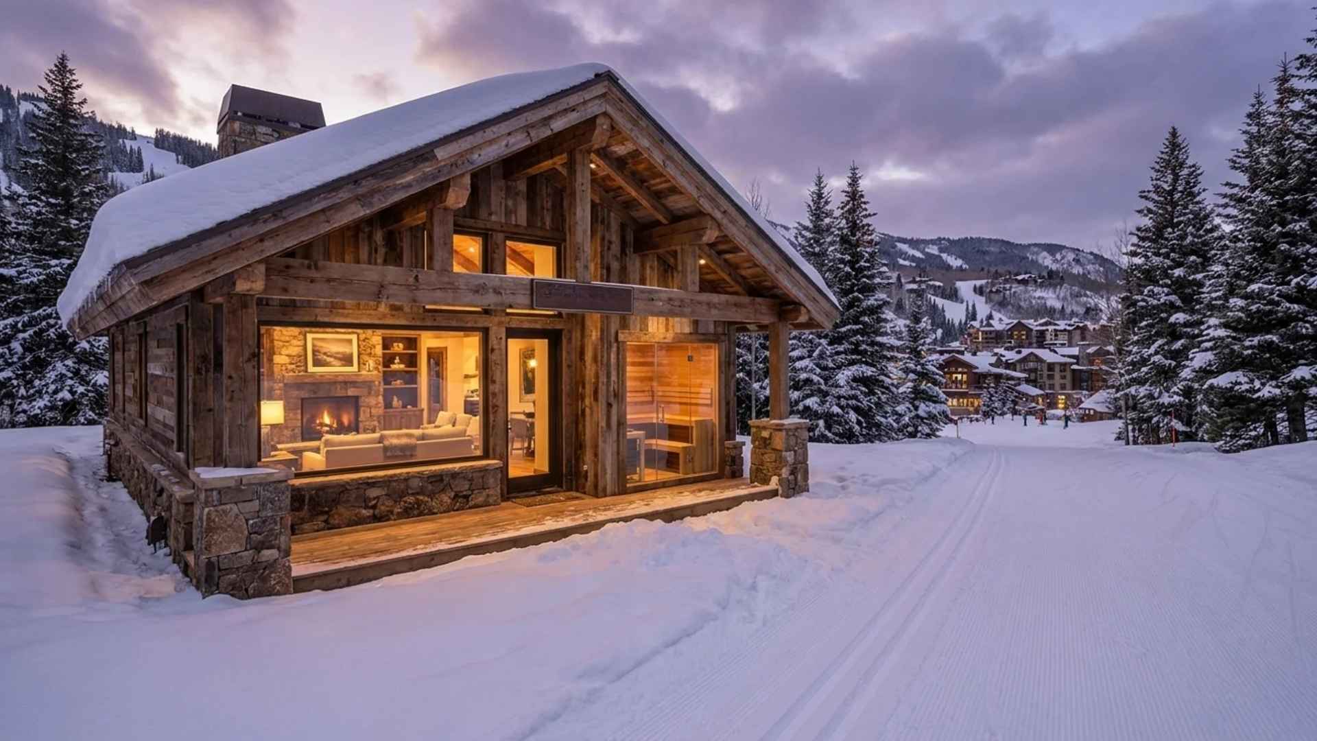 Cozy ski chalet with snow-covered roof, warm interior lighting, surrounded by pine trees and mountains.