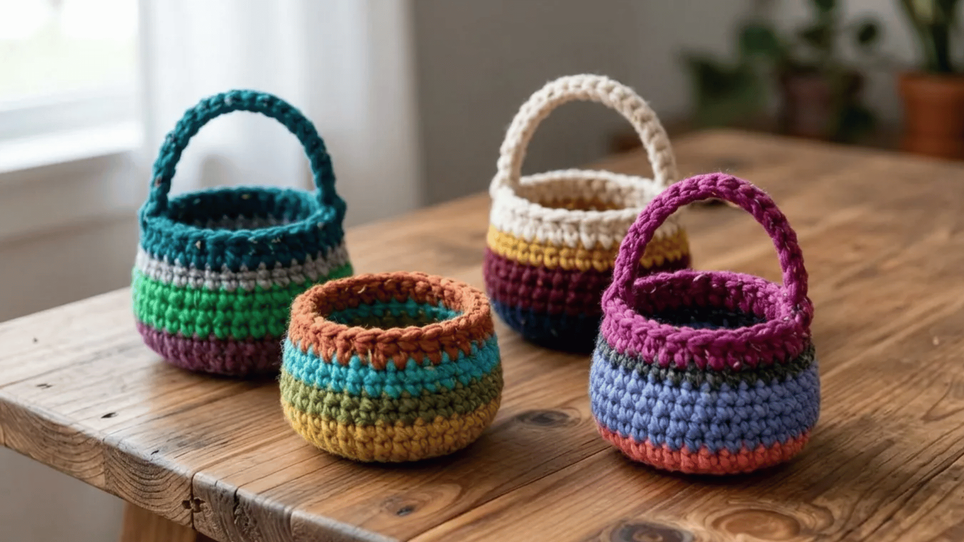 Small colorful crochet storage baskets with striped patterns and handles displayed on a wooden table.