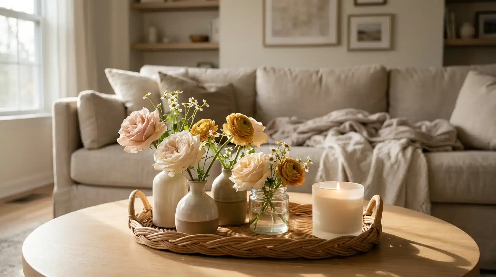 Small coffee table flower arrangement with roses, ranunculus, and candles in cozy living room.