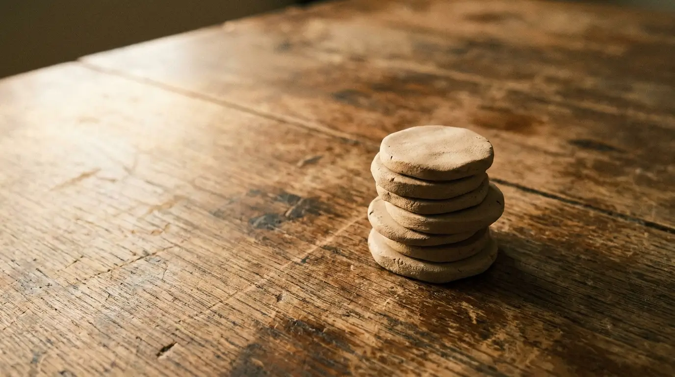 Stack of round clay discs on aged wooden table in warm lighting