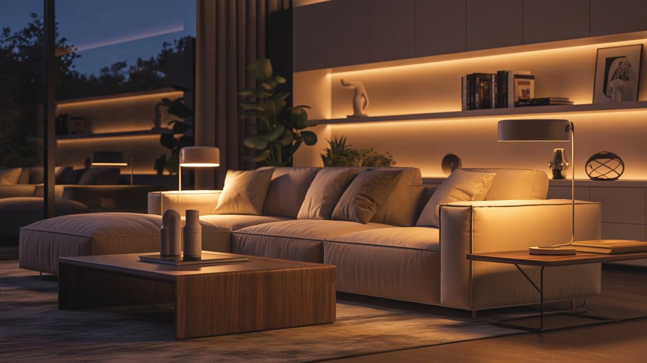 Living room with lamps using smart bulbs, glowing warm amber, demonstrating adjustable lighting that enhances mood without new fixtures.