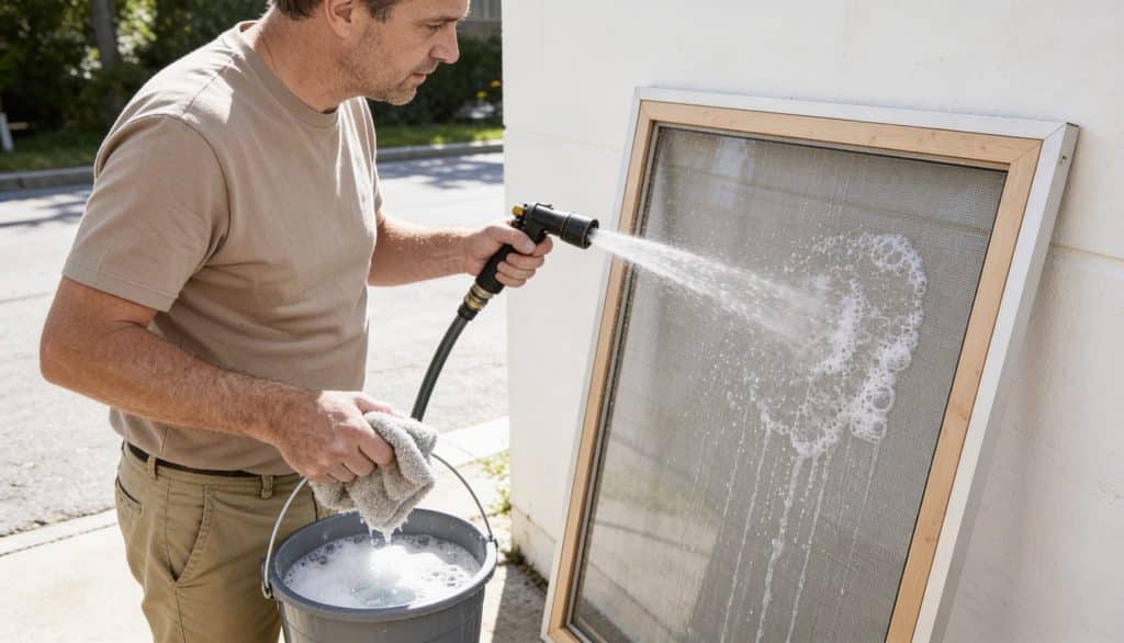 Man rinsing a reusable air filter with water spray outdoors beside a bucket of soapy water.